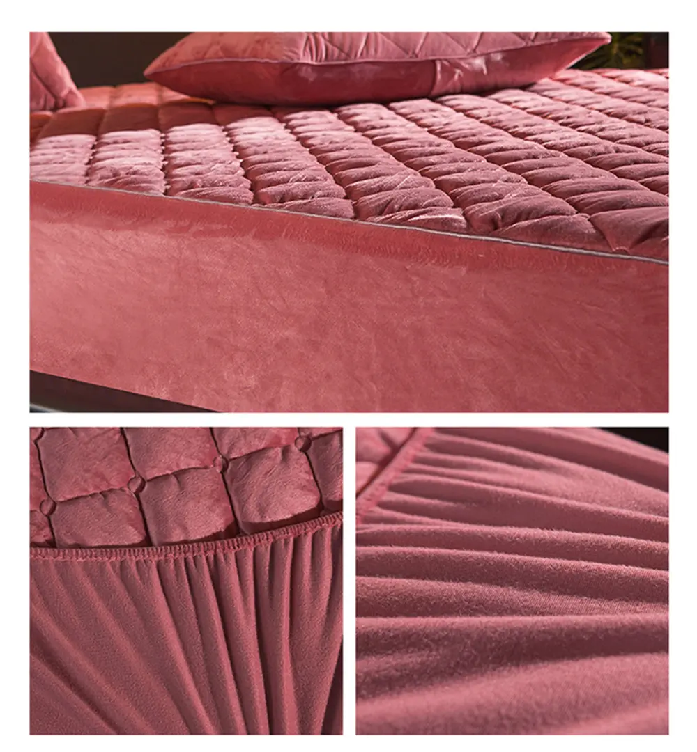 Coral FleeceThicken Quilted Mattress Cover Short Plush Quilted  Bed Fitted Sheet Queen Double Bed Cover Not Including Pillowcase