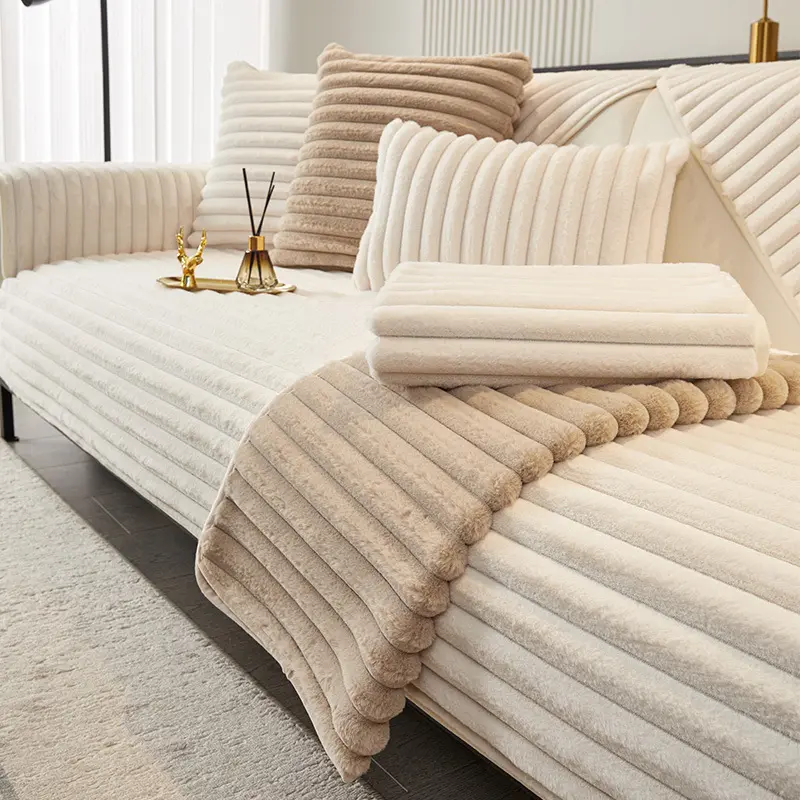 Soft Rabbit Plush Quilted Sofa Towel Winter Warm Thick Plush Couch Cover L-shaped Sectional Anti-slip Sofa Cover
