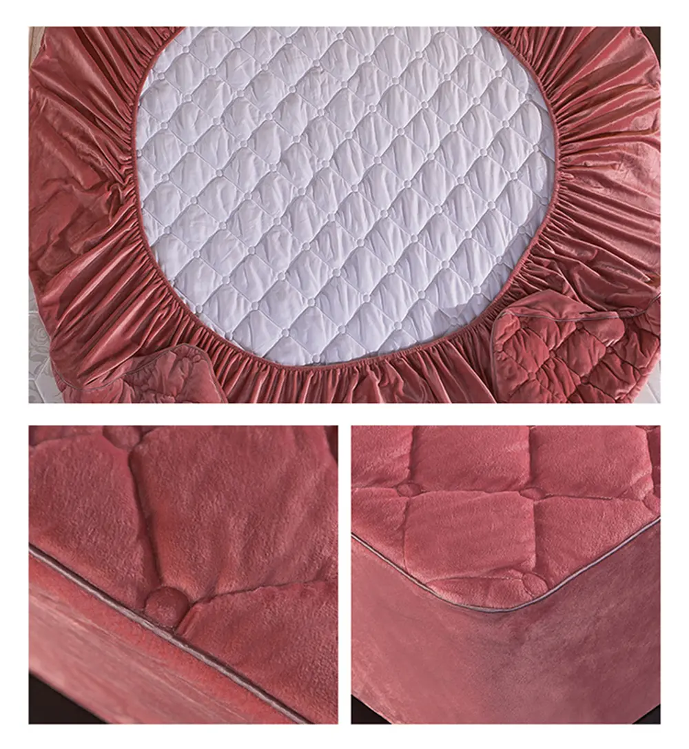 Coral FleeceThicken Quilted Mattress Cover Short Plush Quilted  Bed Fitted Sheet Queen Double Bed Cover Not Including Pillowcase