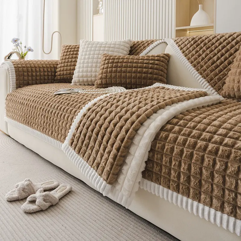 Luxurious Plush Non-slip Sofa Cover with Full Coverage and Cushion, Sofa Towel Set for Home