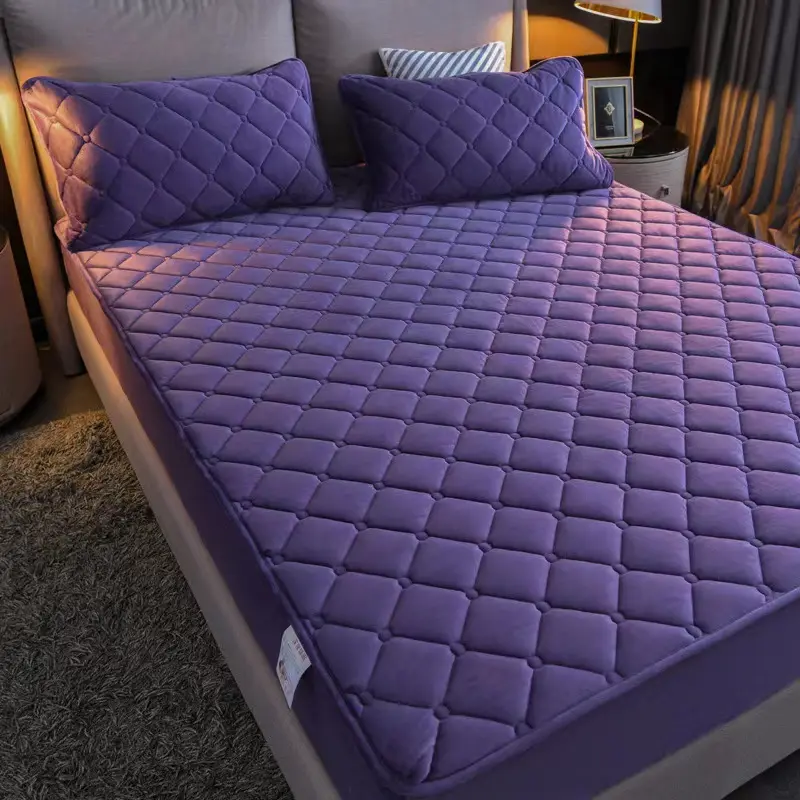 Flannel Quilted Mattress Cover Solid Color Warm Soft Fitted Sheet Thicken Velvet Pad Protecor Cover Not Including Pillowcase