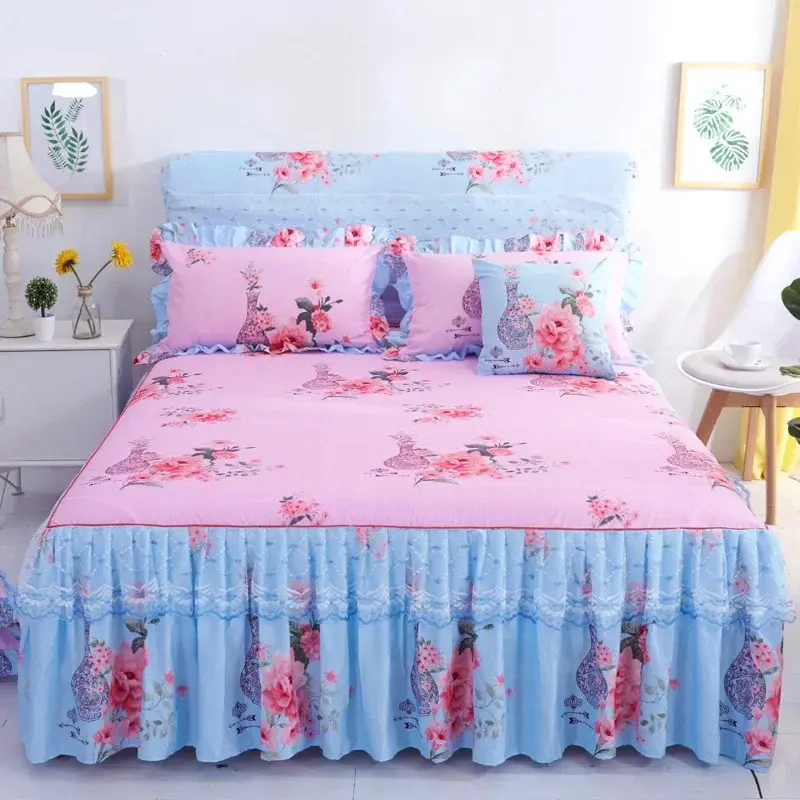 3pcs Set New Sanding Lace Bedspread Fashion Queen Bed Skirt Thickened Two-Layer Single Double Bed Dust Ruffle  Bed Cover