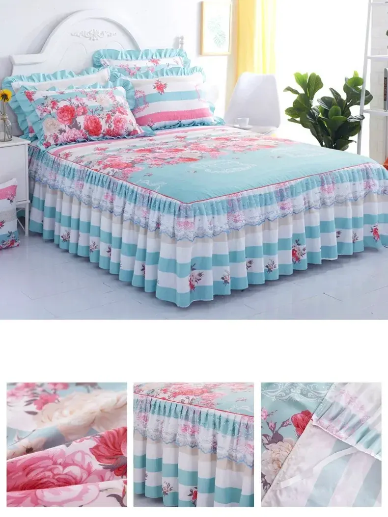 3pcs Set New Sanding Lace Bedspread Fashion Queen Bed Skirt Thickened Two-Layer Single Double Bed Dust Ruffle  Bed Cover
