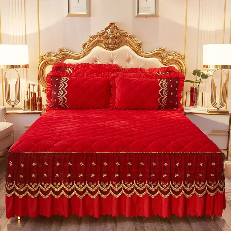 Luxury Super Soft Thick Flannel Quilted Bedspread Winter Quick Warm Velvet Bed Skirt Anti-slip Bed Cover Not Included Pillowcase