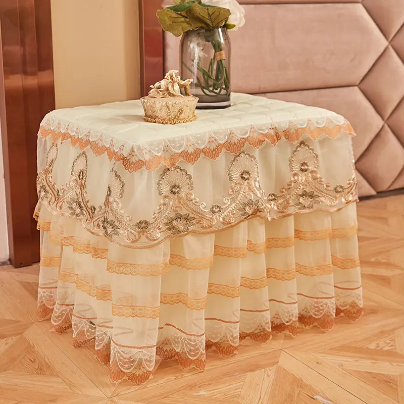 1pc Princess Lace Bedside Cabinet Table Cover Dust Proof Bedroom Cabinet Cover Quilted Table Cover