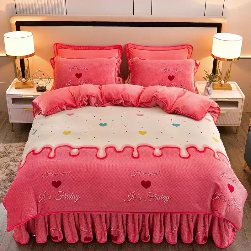 4pcs Set Winter Warm Thicken Short Plush Bedding Set Printing Flannel Duvet Cover Flat Sheet Pillowcase King Queen Bedding Set