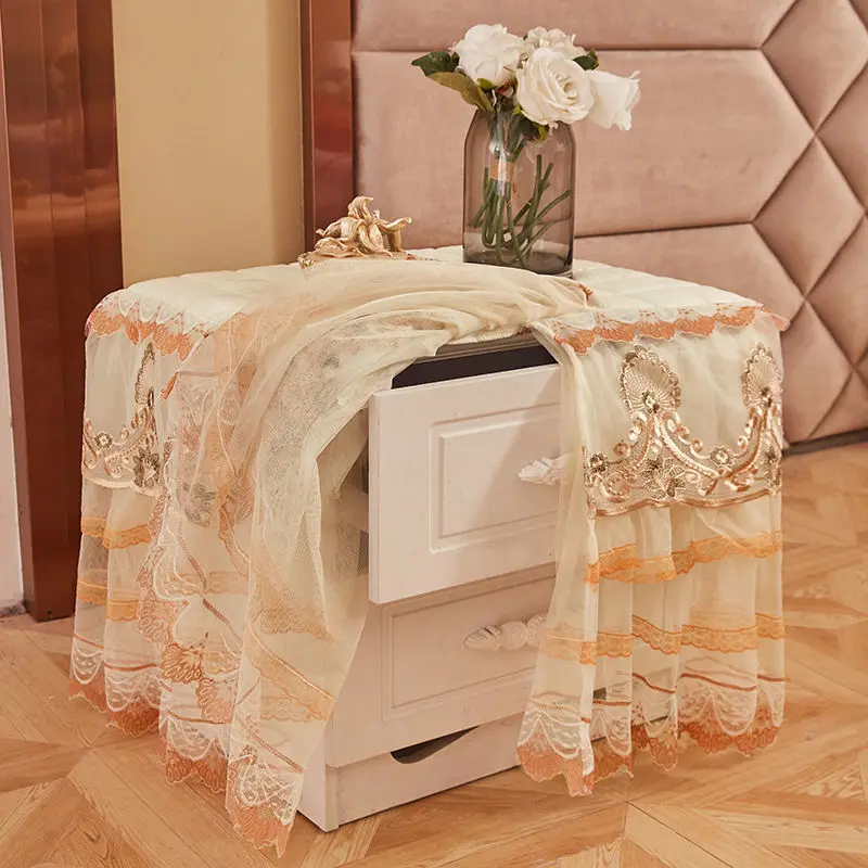 1pc Princess Lace Bedside Cabinet Table Cover Dust Proof Bedroom Cabinet Cover Quilted Table Cover