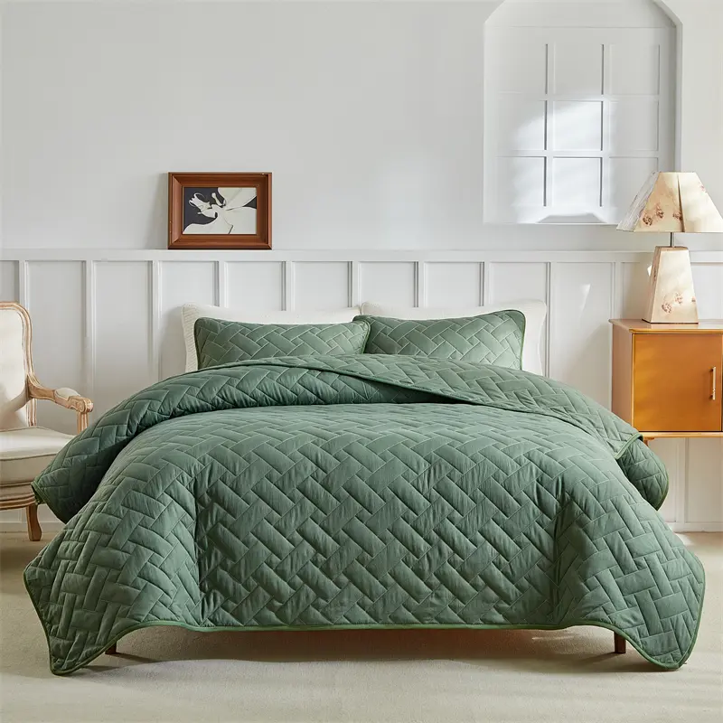 3pcs Quilted Bedspread Set Geometric Grid Pattern,Soft Polyester Thick Bed Cover wuth Pillowcase,Plain US Queen 264*230cm