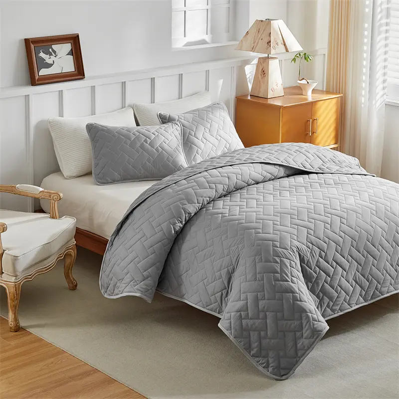 3pcs Quilted Bedspread Set Geometric Grid Pattern,Soft Polyester Thick Bed Cover wuth Pillowcase,Plain US Queen 264*230cm