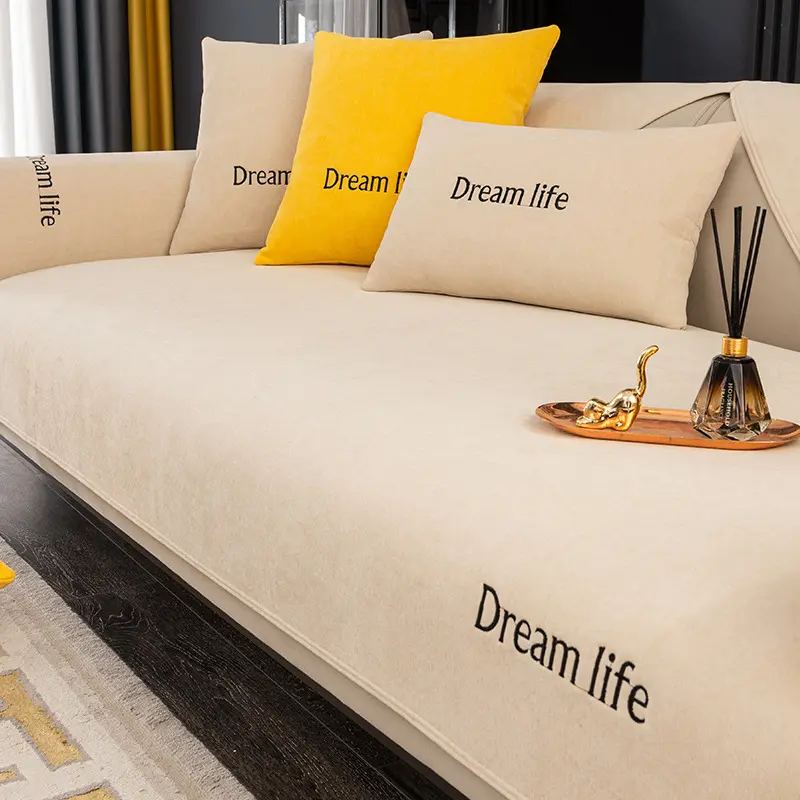 Solid Color Chenille Embroidery  Sofa Towel, Four Season Universal Anti-slip Sofa Cover,  Sectional L-shaped Couch Cover
