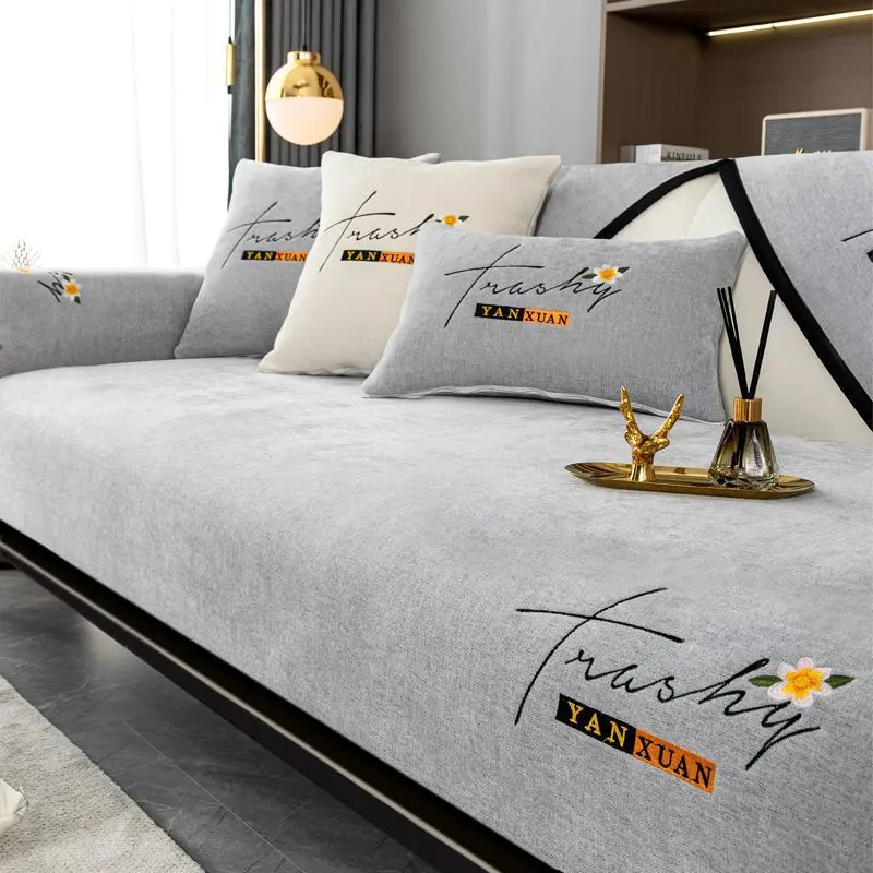 Soft Chenille Embroidery Four Season Universal Sofa Towel, L-shaped Sectional Anti-slip Sofa Cover for Living Room