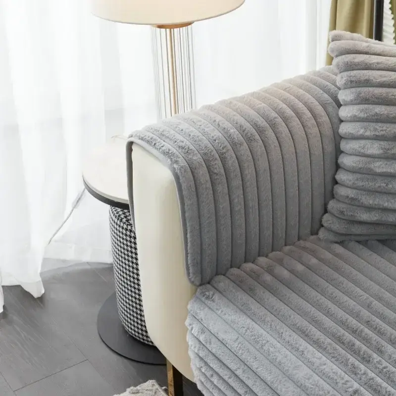 Super Soft Rabbit Plush Quilted Sofa Towel Winter Warm Thick Plush Couch Cover L-shaped Sectional Anti-slip Sofa Cover