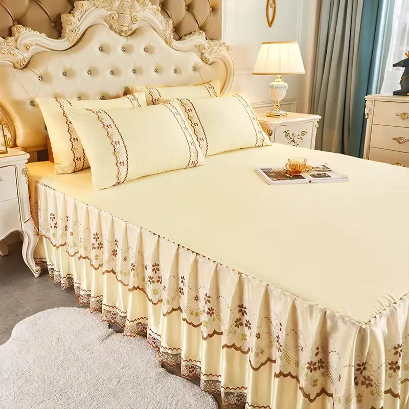 3pcs Set Soft Lace Bed Skirt King Queen Size Bedspread Solid Color Luxury Princess Romantic Bed Spread with pillowcase