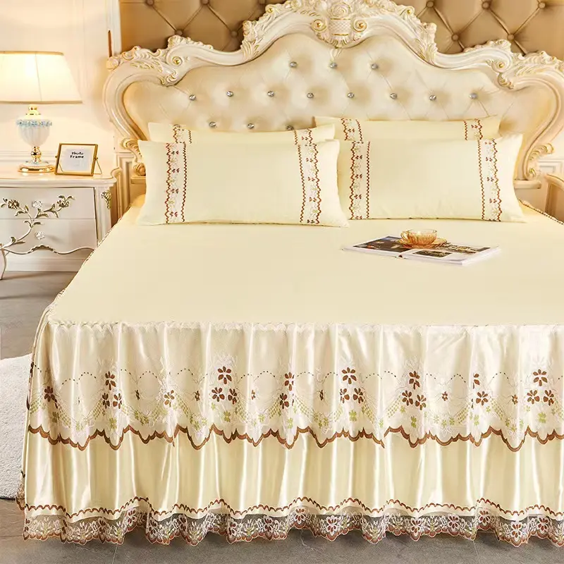 3pcs Set Soft Lace Bed Skirt King Queen Size Bedspread Solid Color Luxury Princess Romantic Bed Spread with pillowcase