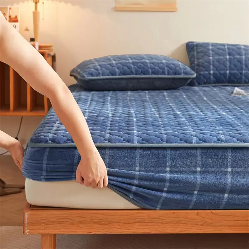 Soft Thicken Velvet Quilted Bed Pad Protector Cover Luxury Flannel Mattress Cover Winter Bed Cover Not Included Pillowcase