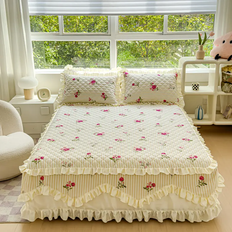 100% Cotton Thicken Quilted Bedspread King Queen Size Princess Lace Bed Skirt Pure Cotton Bed Cover Not Including Pillowcase