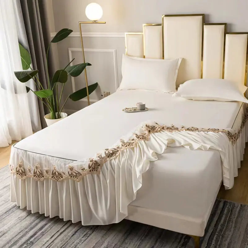 3pcs Set Raw Cotton Soft Bedspread Bed Romance Dust Protector Cover Embroidery Lace Edge Bed Skirt with 2pcs Pillowcase
