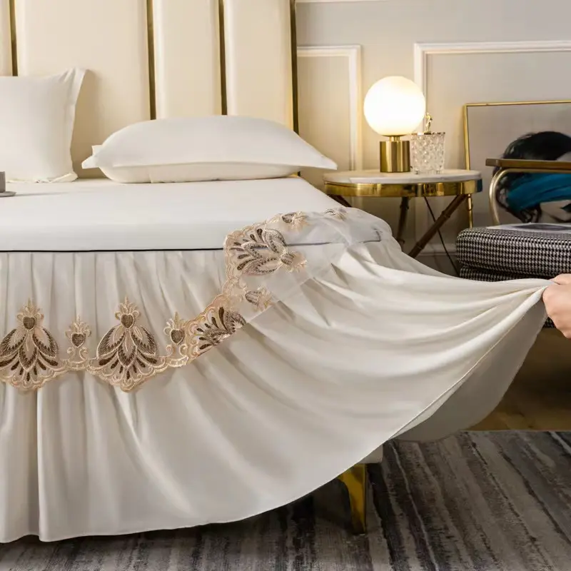 3pcs Set Raw Cotton Soft Bedspread Bed Romance Dust Protector Cover Embroidery Lace Edge Bed Skirt with 2pcs Pillowcase