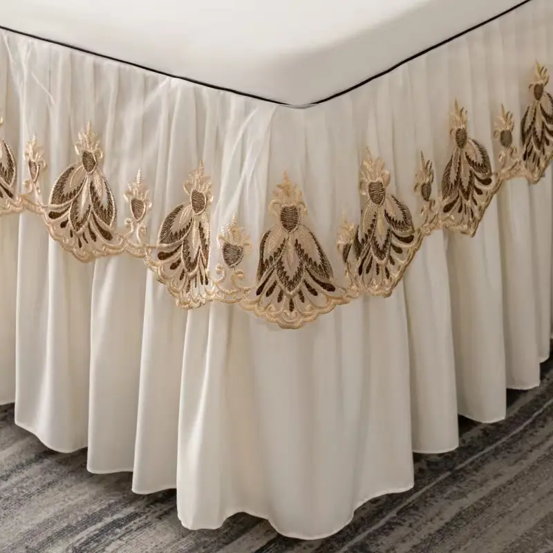 3pcs Set Raw Cotton Soft Bedspread Bed Romance Dust Protector Cover Embroidery Lace Edge Bed Skirt with 2pcs Pillowcase