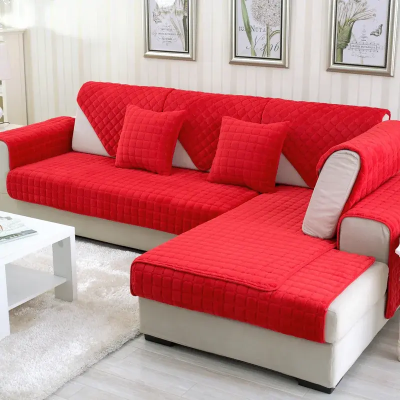Solid Color Red Soft Thicken Flannel Quilted Sofa Towel Warm Plush Sofa Cover Anti-slip Couch Covers for Sofa Floor Mat