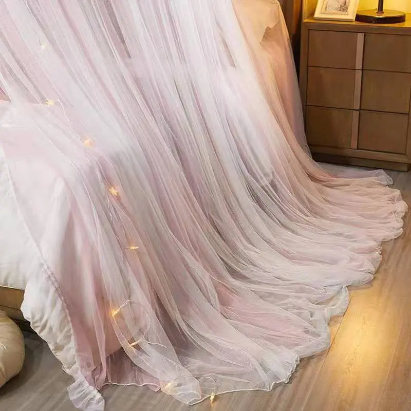 Princess Hung Dome Mosquito Net with String Light King Queen Szie Double Layer Lace Bed Mantle Insect Reject Bed Canopy