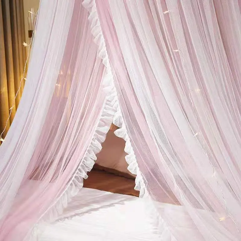 Princess Hung Dome Mosquito Net with String Light King Queen Szie Double Layer Lace Bed Mantle Insect Reject Bed Canopy