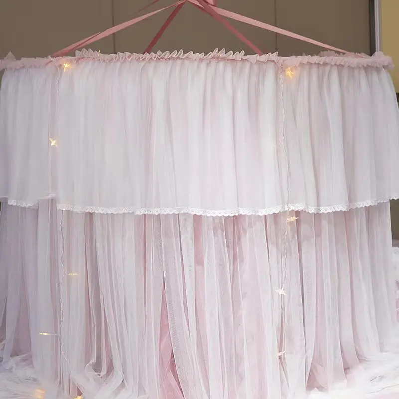 Princess Hung Dome Mosquito Net with String Light King Queen Szie Double Layer Lace Bed Mantle Insect Reject Bed Canopy