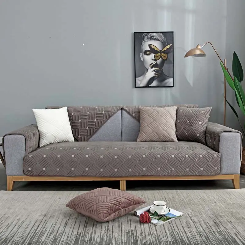 Modern Solid Color Velvet Plush Quilted Sofa Towel Super Soft Non-slip Sectional Sofa Cover for Living Room L shape Corner Cover
