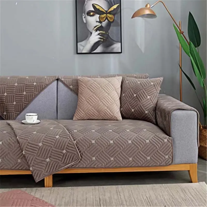 Modern Solid Color Velvet Plush Quilted Sofa Towel Super Soft Non-slip Sectional Sofa Cover for Living Room L shape Corner Cover