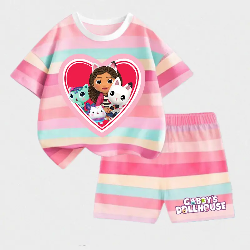 Kawaii Gabby Dollhouses Girl Cute T-shirt Shorts Set Kids Short Sleeve Tee Casual Pants Summer Clothing Children Home Wear Gifts