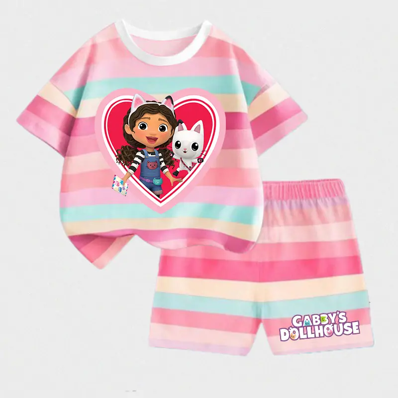 Kawaii Gabby Dollhouses Girl Cute T-shirt Shorts Set Kids Short Sleeve Tee Casual Pants Summer Clothing Children Home Wear Gifts
