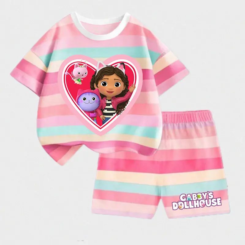 Kawaii Gabby Dollhouses Girl Cute T-shirt Shorts Set Kids Short Sleeve Tee Casual Pants Summer Clothing Children Home Wear Gifts