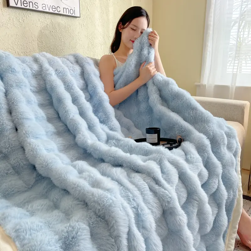 Winter Thickened Double-sided Plush Blanket, Bedroom Cover Blanket, Premium Rabbit Plush Bedding, Nap Blanket
