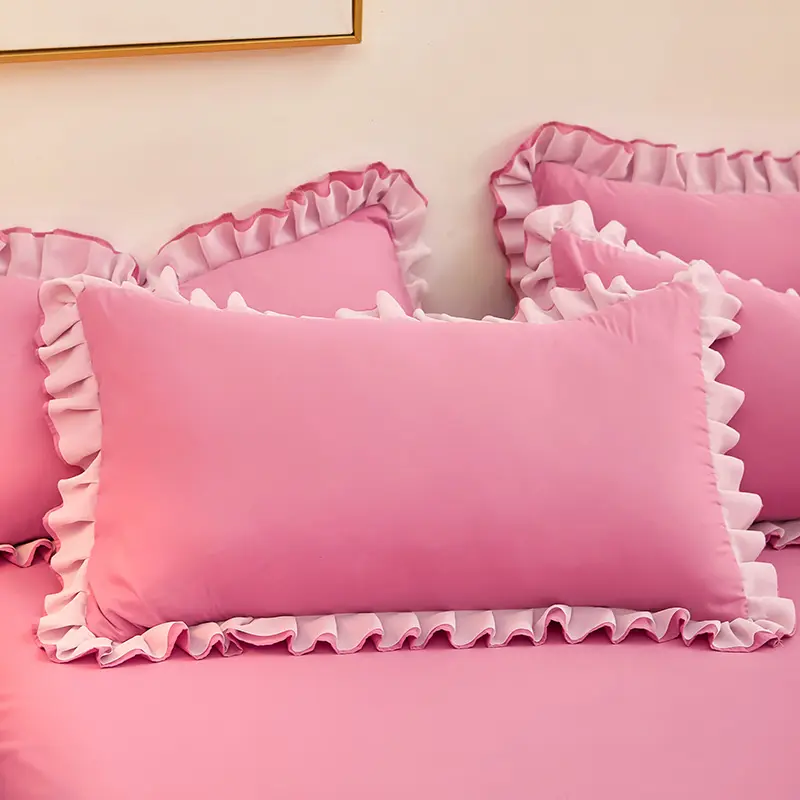 Korean Style Soft Washed Cotton Pillow Case, Ruffle Lace Design, Super Cute Pillowcase, Room Decoration, 48x74cm, 1 Pc
