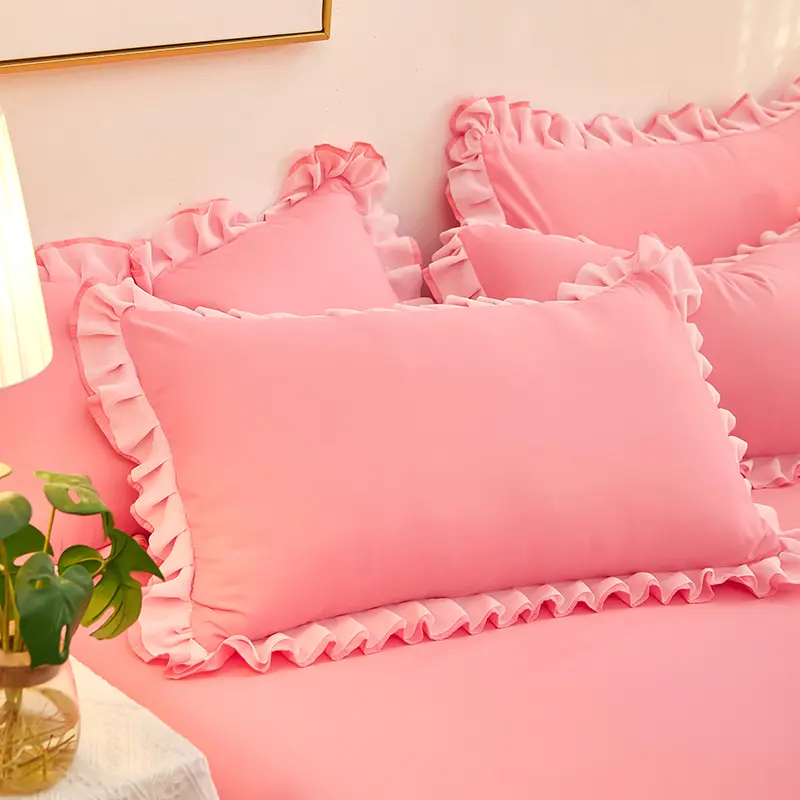 Korean Style Soft Washed Cotton Pillow Case, Ruffle Lace Design, Super Cute Pillowcase, Room Decoration, 48x74cm, 1 Pc