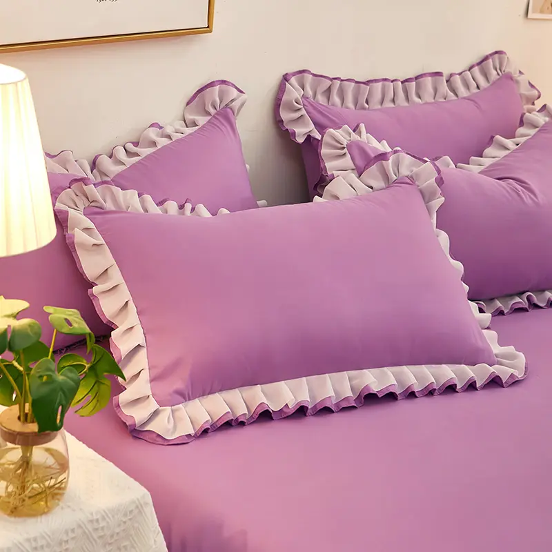 Korean Style Soft Washed Cotton Pillow Case, Ruffle Lace Design, Super Cute Pillowcase, Room Decoration, 48x74cm, 1 Pc