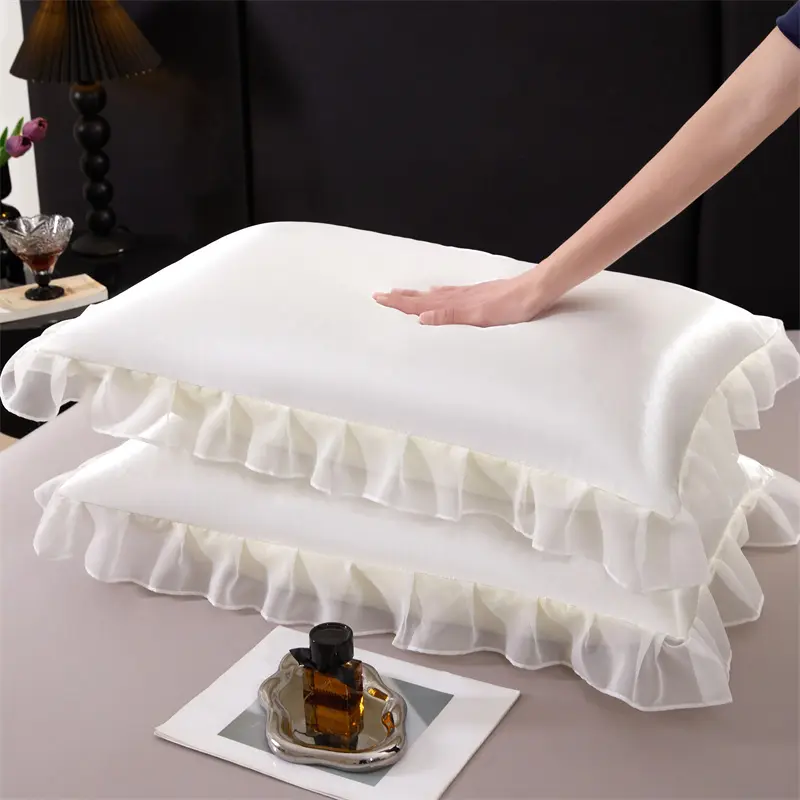 1pc 2pc Ruffle SILKY SATIN Pillowcase Woven Lace Active Printing, Machine Washable, Craft Style Pleated Envelope Pillowcase