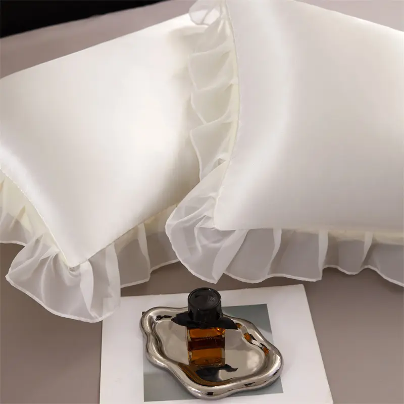 1pc 2pc Ruffle SILKY SATIN Pillowcase Woven Lace Active Printing, Machine Washable, Craft Style Pleated Envelope Pillowcase