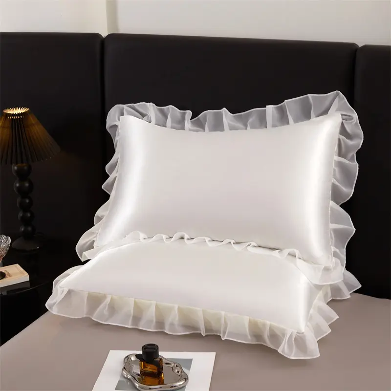 1pc 2pc Ruffle SILKY SATIN Pillowcase Woven Lace Active Printing, Machine Washable, Craft Style Pleated Envelope Pillowcase
