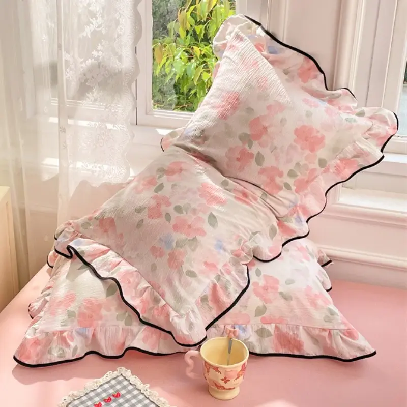 2pcs/Set Korean Princess Style Lotus Leaf Lace Seersucker Pillowcase Plant Floral Cushion Cover Bed Head Pillow Cover Home Decor