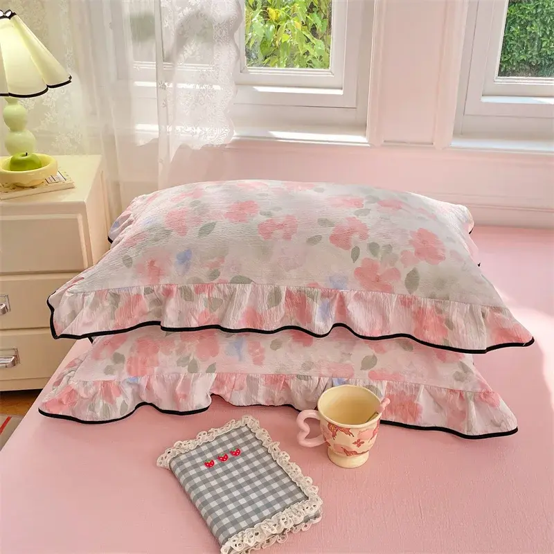 2pcs/Set Korean Princess Style Lotus Leaf Lace Seersucker Pillowcase Plant Floral Cushion Cover Bed Head Pillow Cover Home Decor
