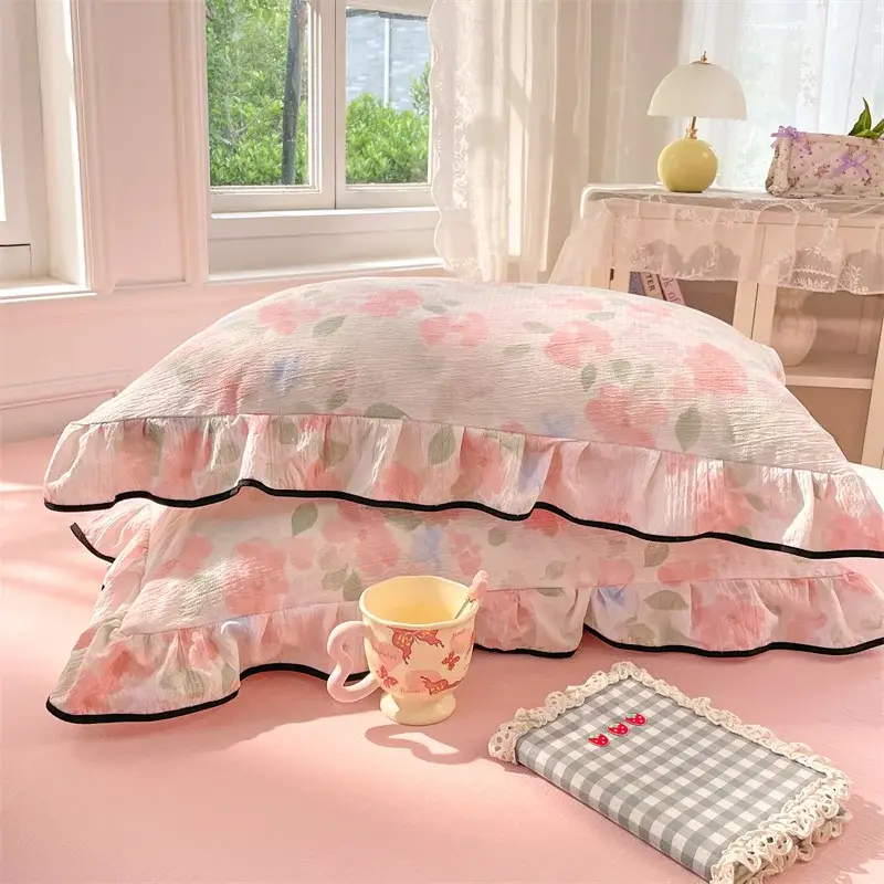 2pcs/Set Korean Princess Style Lotus Leaf Lace Seersucker Pillowcase Plant Floral Cushion Cover Bed Head Pillow Cover Home Decor