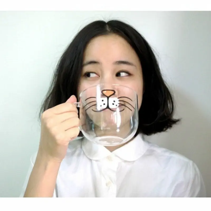 Creative Cat Glass Coffee Mug Cute Milk Tea Juice Water Glass Cup With Handle Home Kitchen Office Drinkware Tumbler Gift 550ML