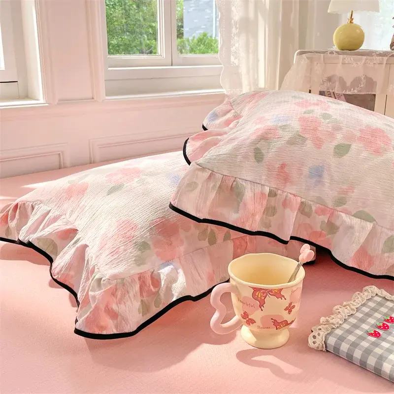 2pcs/Set Korean Princess Style Lotus Leaf Lace Seersucker Pillowcase Plant Floral Cushion Cover Bed Head Pillow Cover Home Decor