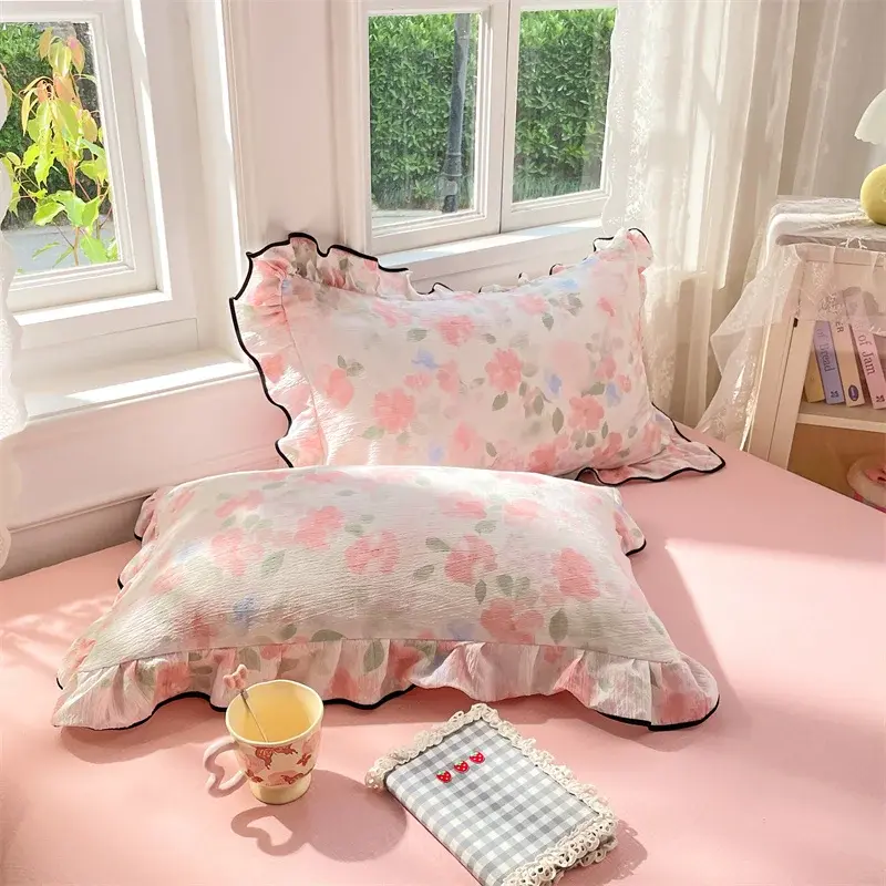 2pcs/Set Korean Princess Style Lotus Leaf Lace Seersucker Pillowcase Plant Floral Cushion Cover Bed Head Pillow Cover Home Decor