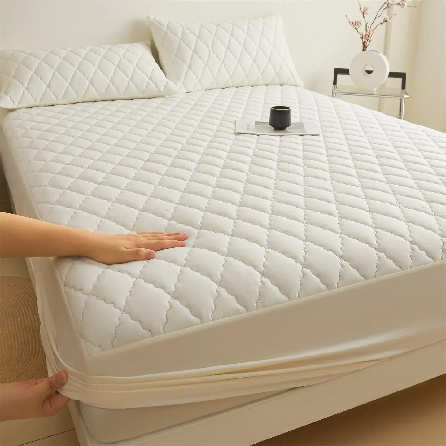 3pcs in A Set Waterproof Throw Mattress Cover Bed Fitted Sheet Mattress Protector Single/Double/140/160 Muti Size Gray/White