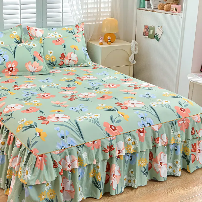 Floral Style Bed Skirt Soft Bed Cover Single/Queen/King Size Bed Linen Home Mattress Protector Falda De Cama (No Pillowcase)