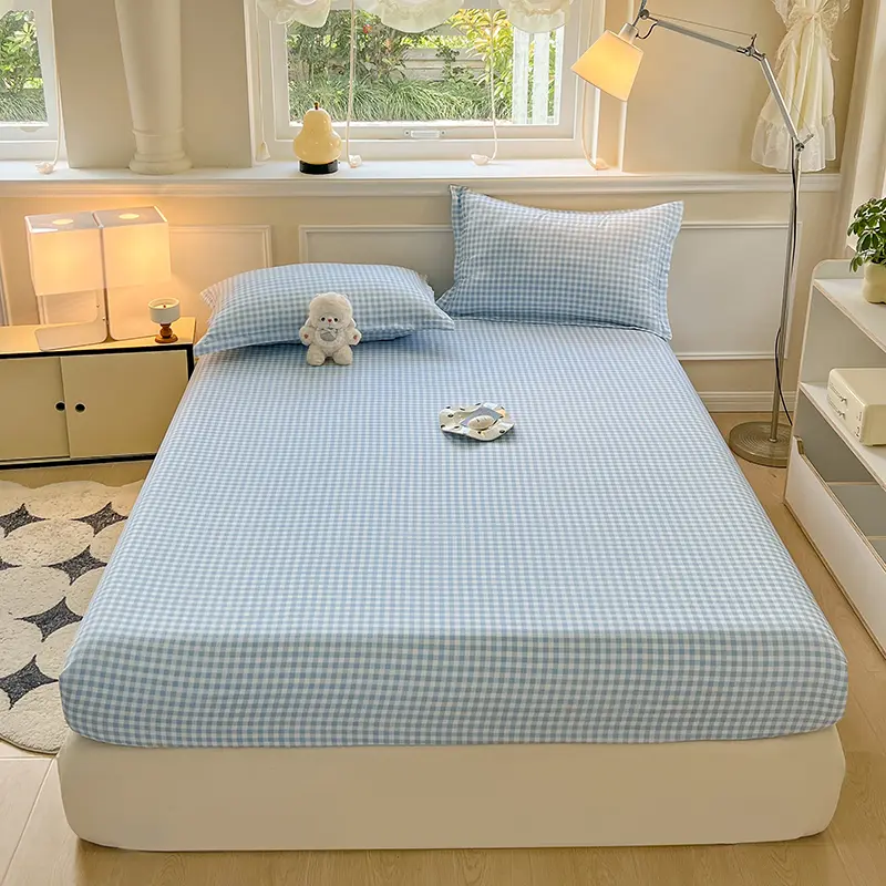 Plaid Style Fitted Sheet Skin-friendly Bed Cover Elastic Bedsheet for Girls Boys Room Couvre Lit Home Bed Linen(No Pillowcase)