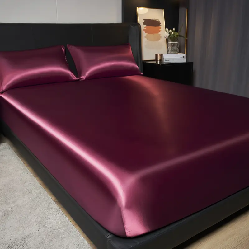 1Pc Satin Fitted Sheet Solid Colour Twin Full Queen Ice Silk Mattress Cover Natural With Elastic Band Bed Sheet (No Pillowcase)