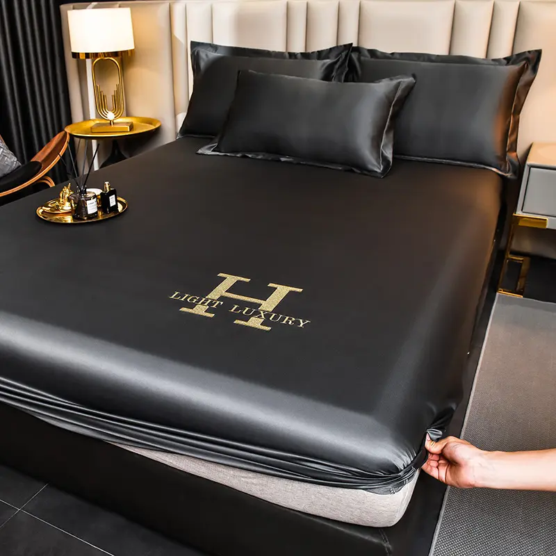 High-end Satin Fitted Sheet with Elastic Band Solid Color Silky Bed Sheet Smooth Non-Slip Mattress Cover Bedspreads Bed Linen